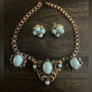 Vintage 1940’s Karu Fifth Ave singed Brass Bookchain Necklace and Earrings set